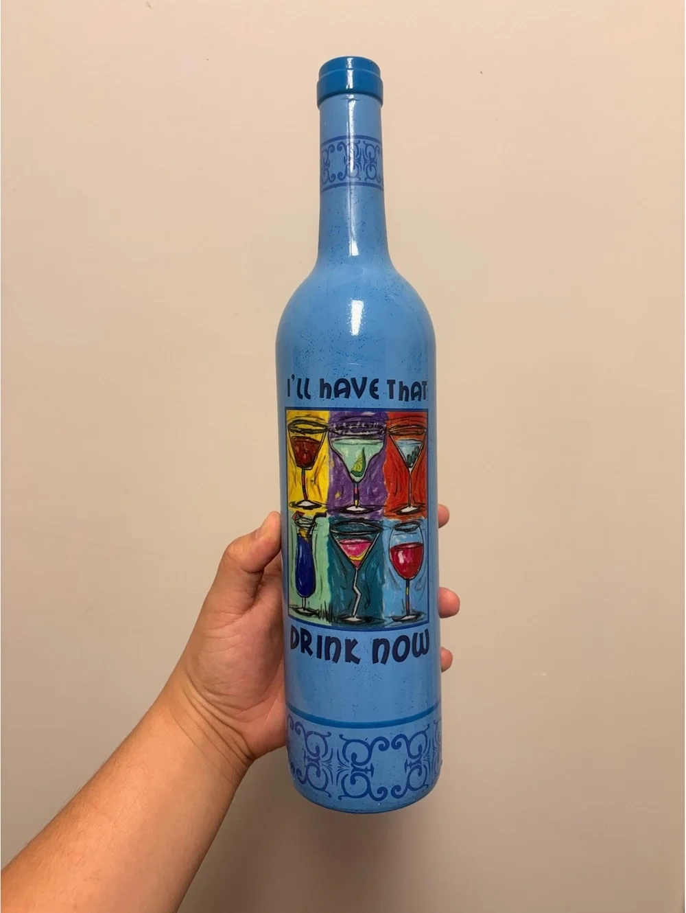 Decorative Upcycled Glass Wine Bottle with Cocktail Print